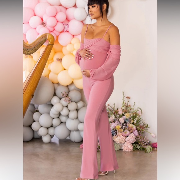 Club L London baby baby rose pink maternity ruched Bardot jumpsuit - Picture 2 of 8